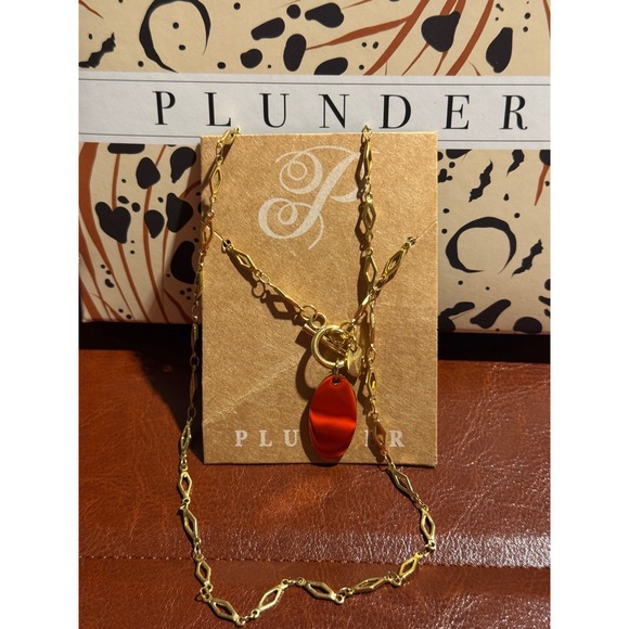 Plunder Jewelry - Plunder Design Gold Tone Necklace Red Oval Pendant Toggle Clasp Fashion Jewelry
